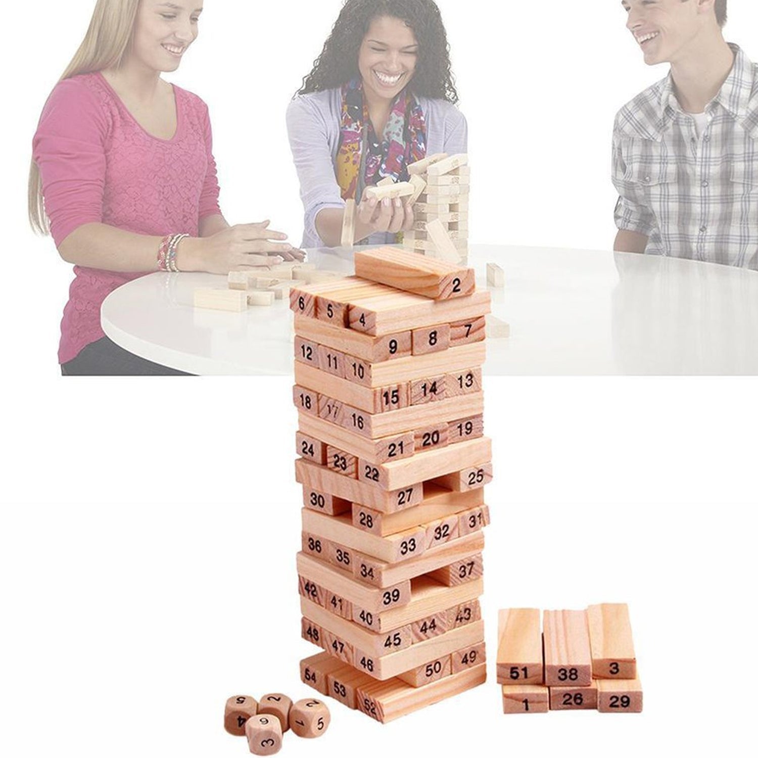 54 Pcs Blocks 4 Dices Wooden Tumbling Stacking Building 54 Pcs Blocks 4 Dices Wooden Tumbling Stacking Building
